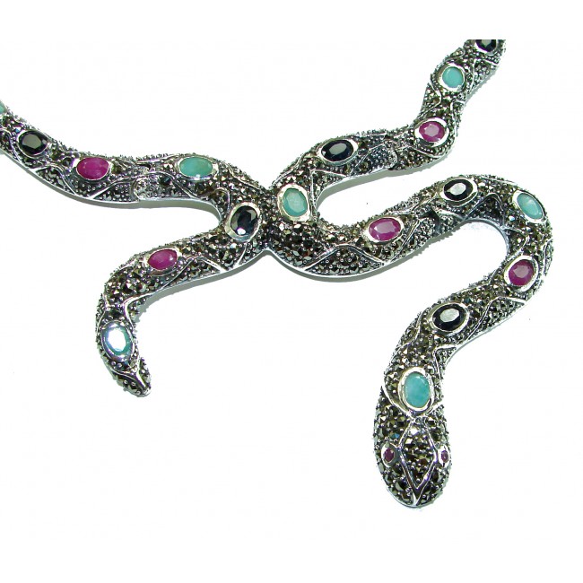 Large Snake genuine 18.5 carat Ruby from Madagaskar Marcasite .925 Sterling Silver handcrafted necklace