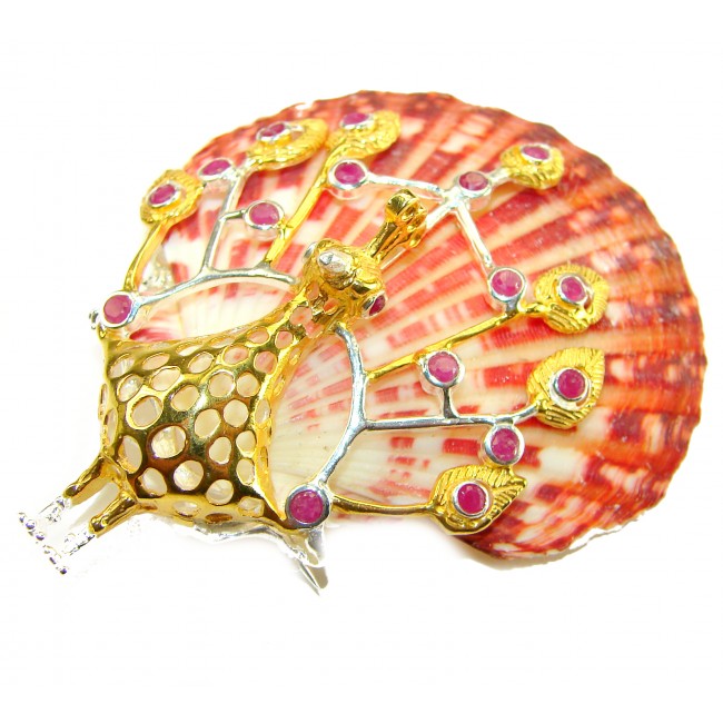Greaceful Peacock Genuine Ocean Shell Ruby 14K Gold over .925 Sterling Silver handcrafted Pendant brooch