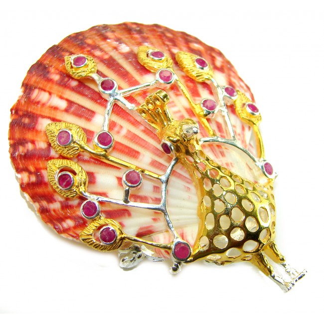 Greaceful Peacock Genuine Ocean Shell Ruby 14K Gold over .925 Sterling Silver handcrafted Pendant brooch
