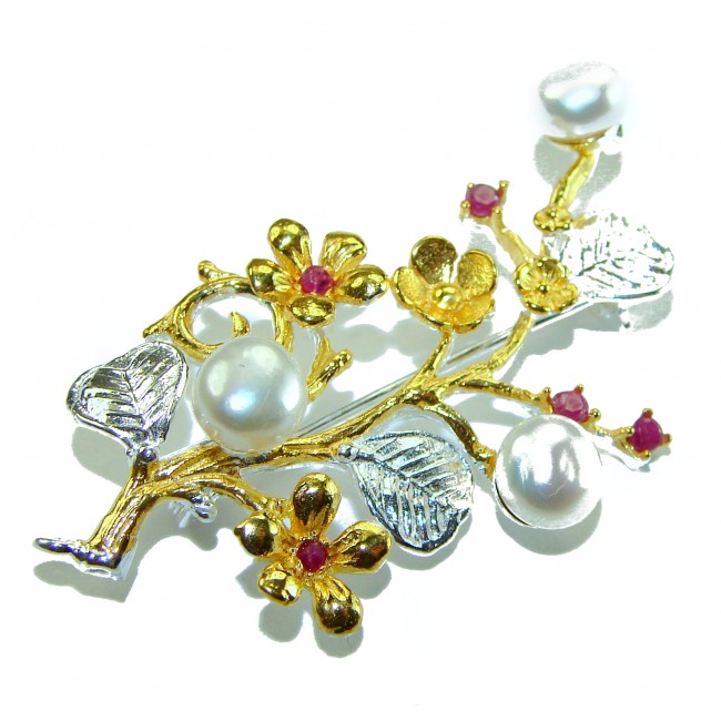 Floral Design Genuine Pearl Ruby 14K Gold .925 Sterling Silver handmade Pendant Brooch