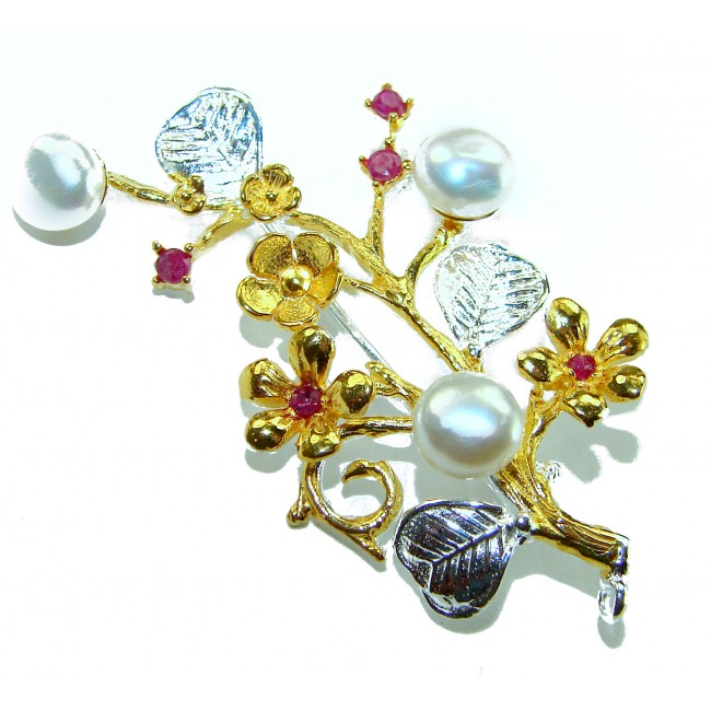 Floral Design Genuine Pearl Ruby 14K Gold .925 Sterling Silver handmade Pendant Brooch