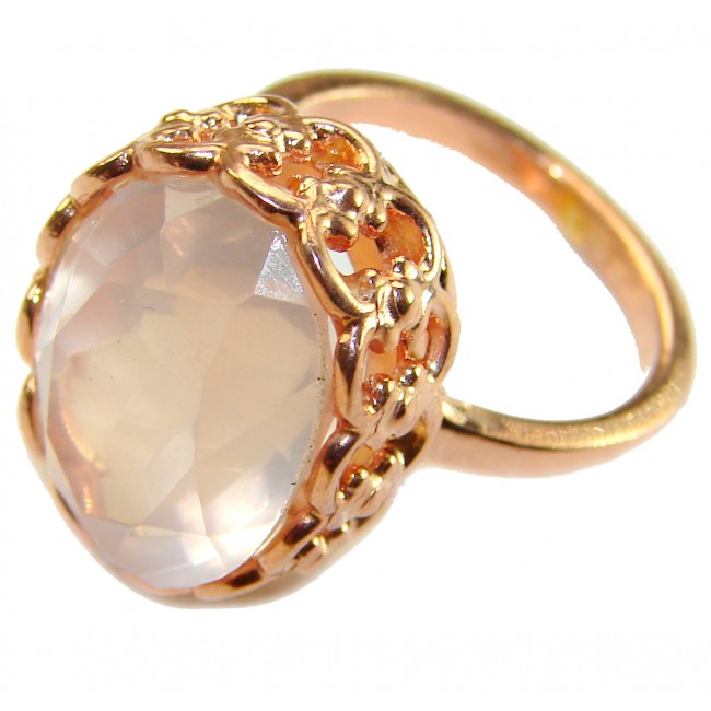 Authentic 18.5 carat Brazilian Rose Quartz 14K Rose Gold over .925 Sterling Silver incredible Ring size 6 - Close-up of rose quartz ring in 14K rose gold setting