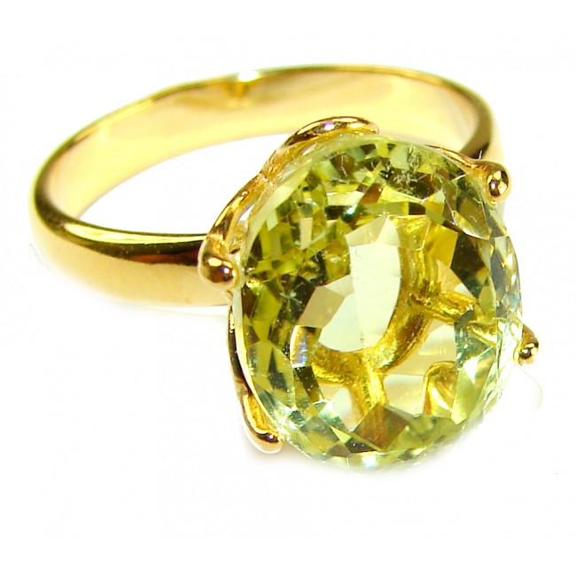Solid 14.8 carat Genuine Lemon Quartz 14K Gold over .925 Sterling Silver handcrafted ring size 7 - Close-up of lemon quartz ring in 14K gold over sterling silver