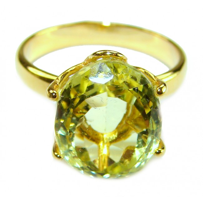 Solid 14.8 carat Genuine Lemon Quartz 14K Gold over .925 Sterling Silver handcrafted ring size 7 - Close-up of 14.8 carat lemon quartz ring in 14K gold over sterling silver.