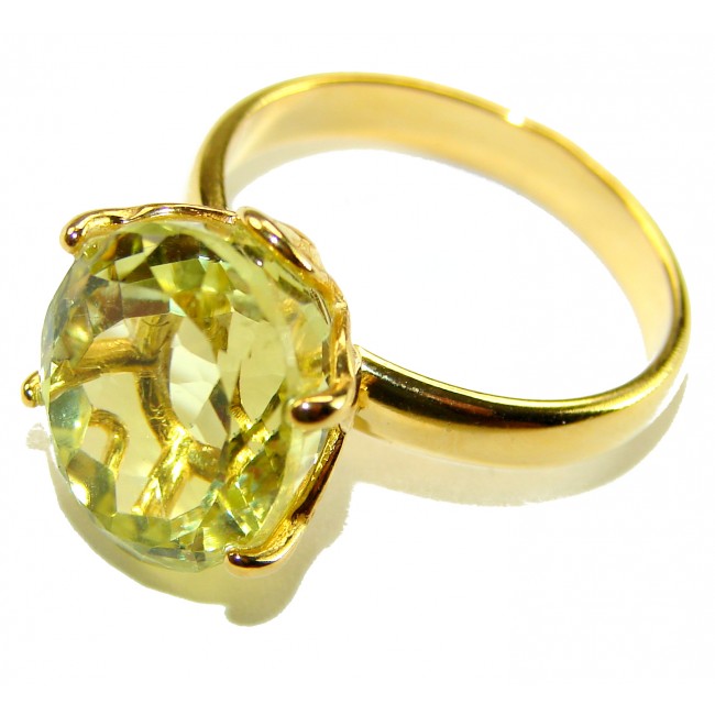 Solid 14.8 carat Genuine Lemon Quartz 14K Gold over .925 Sterling Silver handcrafted ring size 7 - Close-up of 14.8 carat lemon quartz ring in gold setting.