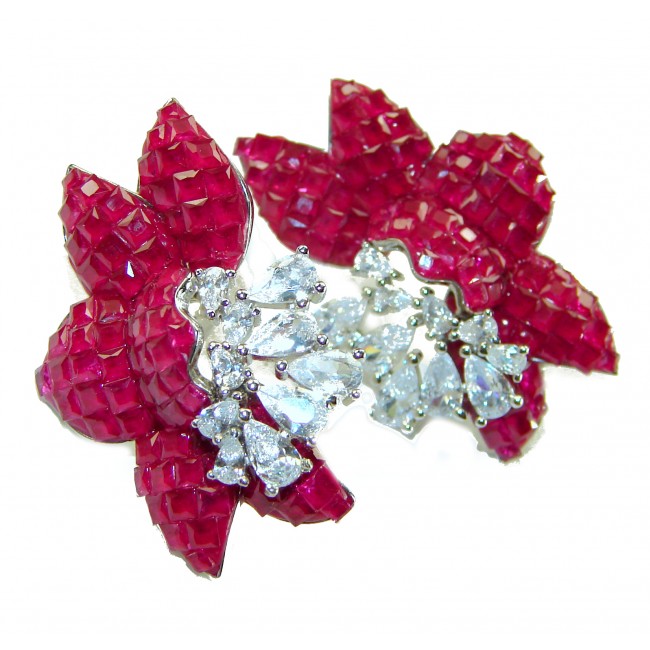 Magnificent Jewel 15.5 carat Ruby .925 Sterling Silver handcrafted incredible earrings - Ruby sterling silver earrings, close-up, showing intricate details.