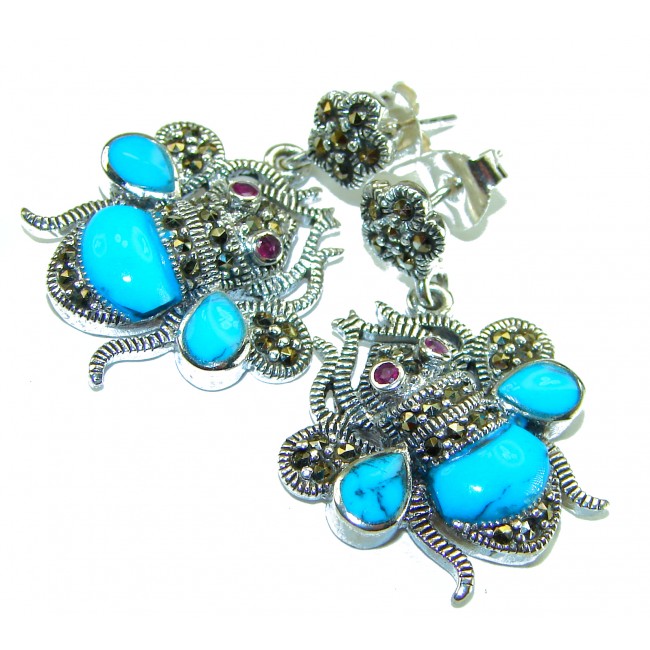 Blue Bees inlay Turquoise Ruby Marcasite .925 Sterling Silver Handcrafted earrings