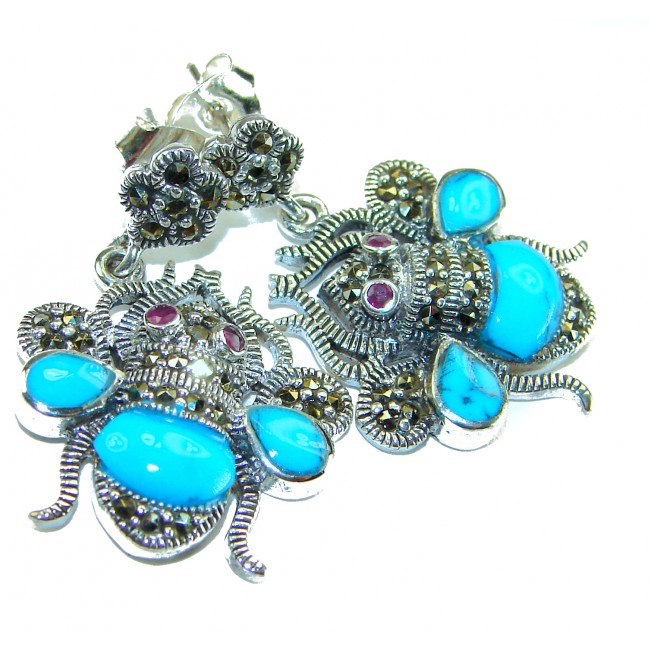Blue Bees inlay Turquoise Ruby Marcasite .925 Sterling Silver Handcrafted earrings