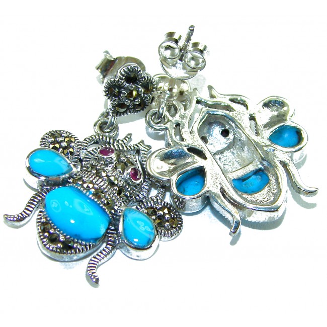Blue Bees inlay Turquoise Ruby Marcasite .925 Sterling Silver Handcrafted earrings