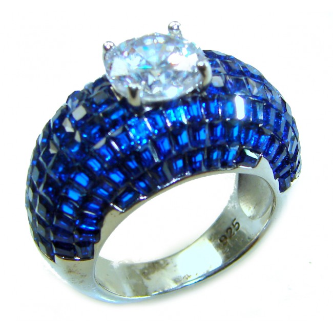 Precious Design oval cut 15.9 CARAT Sapphire White Topaz .925 Sterling Silver Statement Ring s. 6 - Side view of sapphire and topaz silver ring