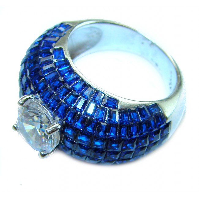 Precious Design oval cut 15.9 CARAT Sapphire White Topaz .925 Sterling Silver Statement Ring s. 6 - Side view of sapphire and white topaz ring showcasing details