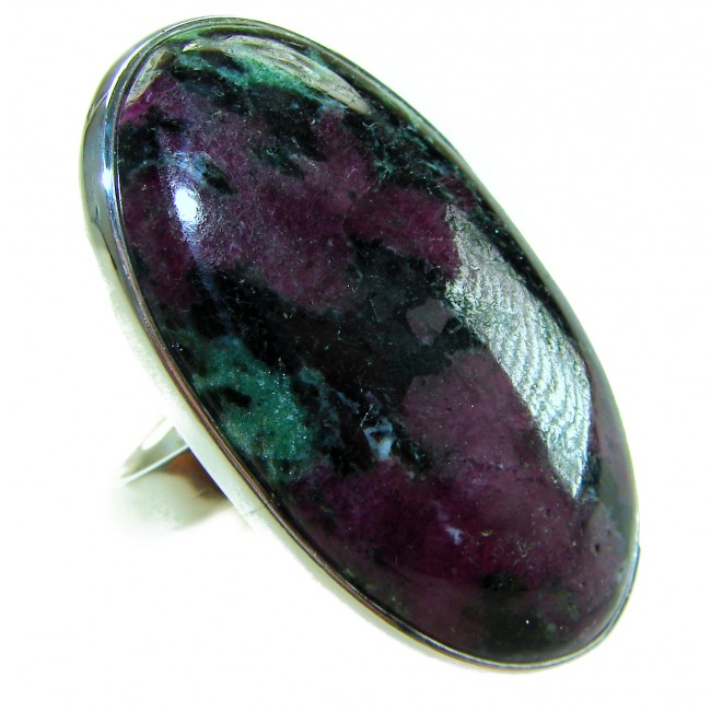 Massive Authentic Ruby in Zoisite .925 Sterling Silver handmade Cocktail Ring s. 8 adjustable - Close-up of massive Ruby in Zoisite in sterling silver setting.