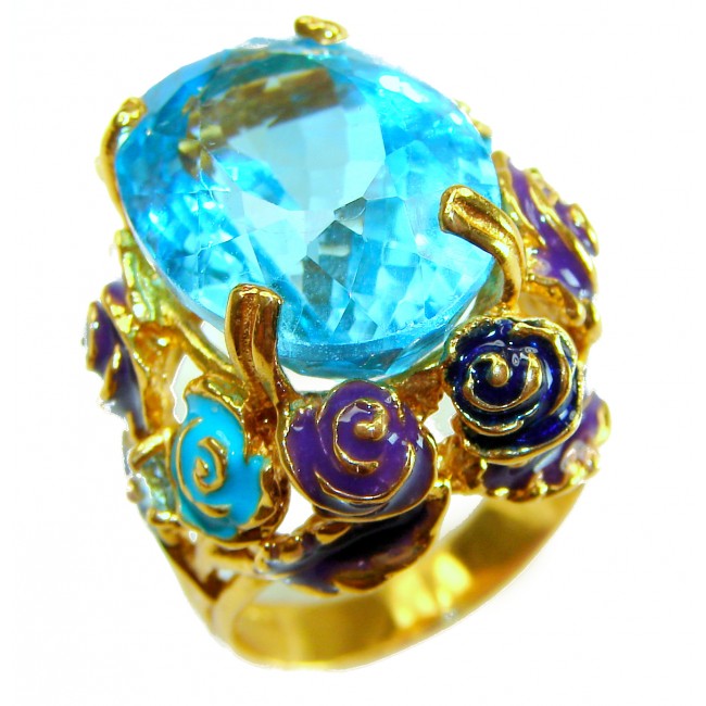 Blue Garden Natural 32.4 carat Swiss Blue Topaz .925 Sterling Silver dipped in 18K Gold handmade Large Statement Ring size 7 1/2 - photo 5