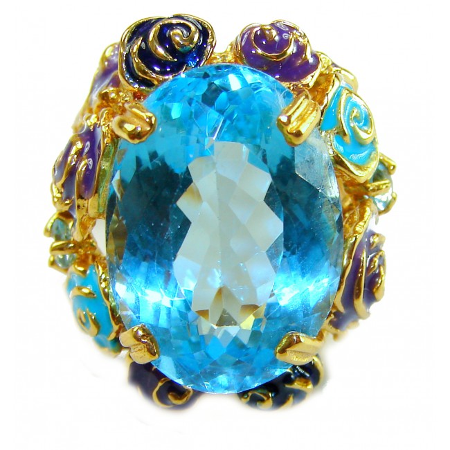 Blue Garden Natural 32.4 carat Swiss Blue Topaz .925 Sterling Silver dipped in 18K Gold handmade Large Statement Ring size 7 1/2 - photo 4