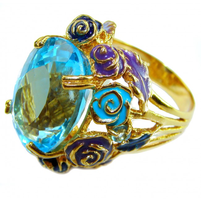 Blue Garden Natural 32.4 carat Swiss Blue Topaz .925 Sterling Silver dipped in 18K Gold handmade Large Statement Ring size 7 1/2 - photo 3