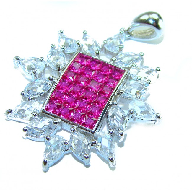 Precious - Art Deco 8.2 carat Ruby .925 Sterling Silver handcrafted .925 Sterling Silver handmade Pendant - Ruby and silver pendant close-up, showcasing detailed stone arrangement.