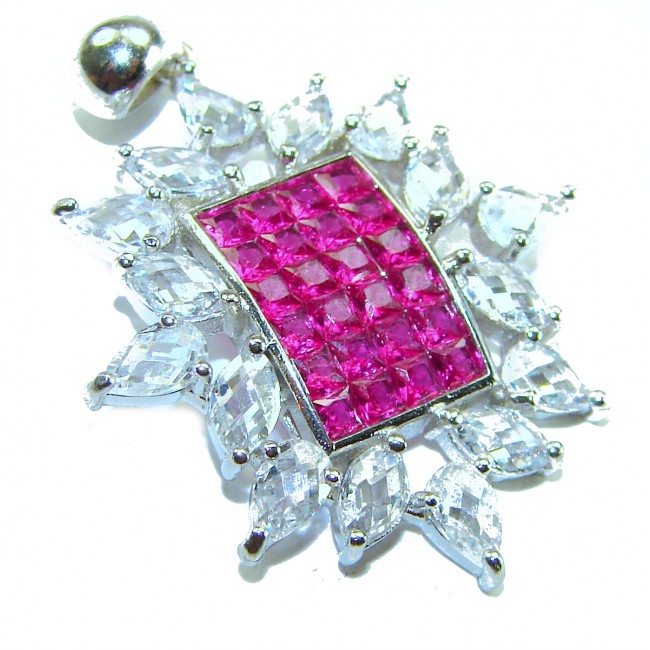 Precious - Art Deco 8.2 carat Ruby .925 Sterling Silver handcrafted .925 Sterling Silver handmade Pendant - Close-up of Art Deco ruby pendant with clear stones, silver setting.