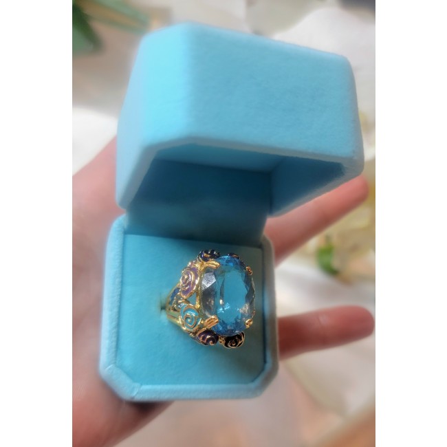 Blue Garden Natural 32.4 carat Swiss Blue Topaz .925 Sterling Silver dipped in 18K Gold handmade Large Statement Ring size 7 1/2 - photo 2