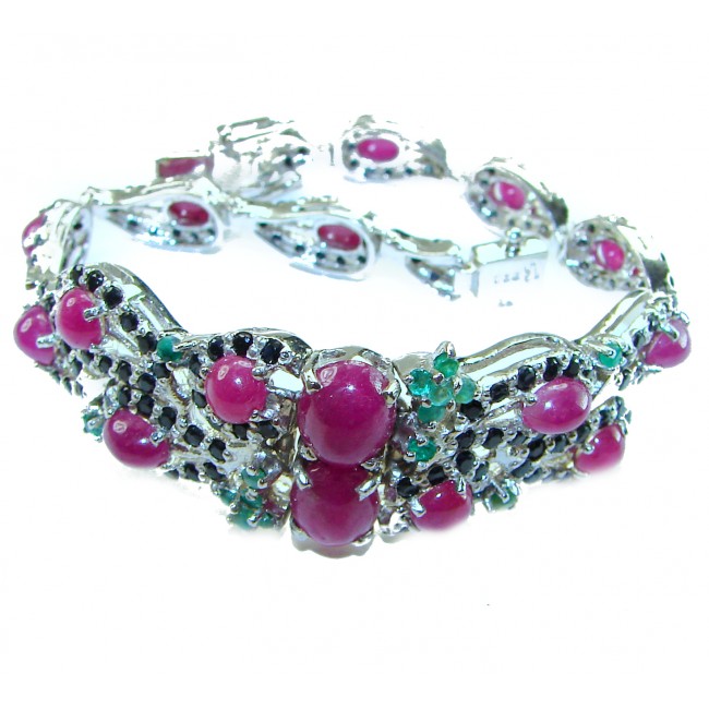 Gabriella 49.5 carat Genuine Ruby Emerald Sapphire .925 Sterling Silver handcrafted Bracelet - Bracelet with rubies, emeralds, sapphires; detailed front view.