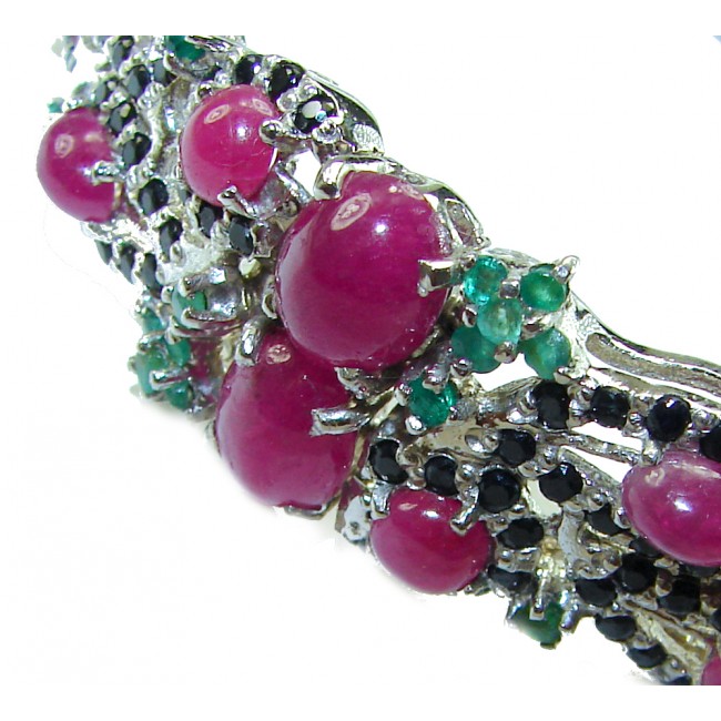 Gabriella 49.5 carat Genuine Ruby Emerald Sapphire .925 Sterling Silver handcrafted Bracelet - Close-up of Gabriella 49.5 carat ruby, emerald, and sapphire bracelet.