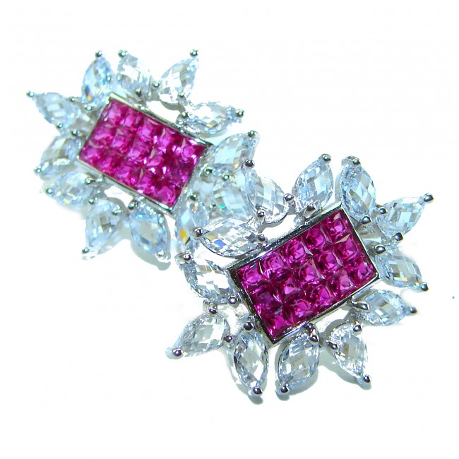 Precious - Art Deco 12.2 carat Ruby .925 Sterling Silver handmade earrings - Close-up of Art Deco ruby and silver earrings.