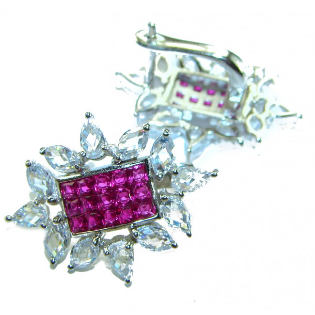 Precious - Art Deco 12.2 carat Ruby .925 Sterling Silver handmade earrings - Close-up of Art Deco ruby and sterling silver earrings detailing stones.