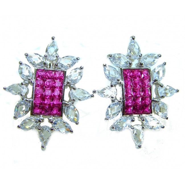 Precious - Art Deco 12.2 carat Ruby .925 Sterling Silver handmade earrings - Front view of Art Deco ruby and silver earrings with clear stone accents.