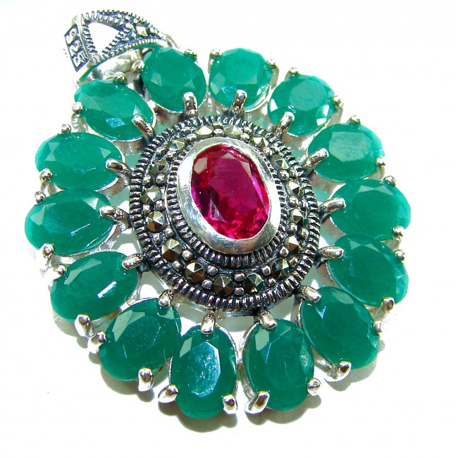Circle of Life 8.2 carat authentic Ruby Emerald .925 Sterling Silver handmade Pendant - Close-up of Circle of Life pendant with ruby and emeralds