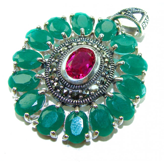 Circle of Life 8.2 carat authentic Ruby Emerald .925 Sterling Silver handmade Pendant - Circle of Life pendant stone close-up showing Ruby and Emerald gems