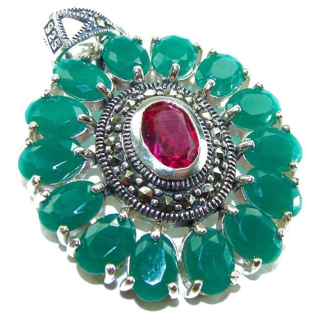 Circle of Life 8.2 carat authentic Ruby Emerald .925 Sterling Silver handmade Pendant - Close-up of Circle of Life pendant with ruby, emeralds, and .925 silver.