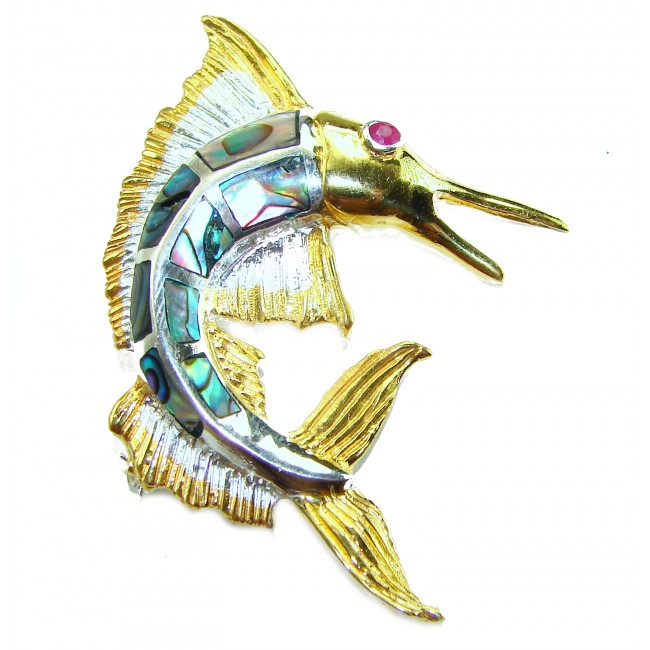 Precious Fish Natural Rainbow Abalone Ruby 14K Gold over .925 Sterling Silver handmade Pendant Brooch