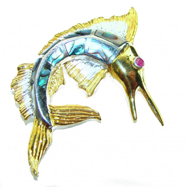 Precious Fish Natural Rainbow Abalone Ruby 14K Gold over .925 Sterling Silver handmade Pendant Brooch