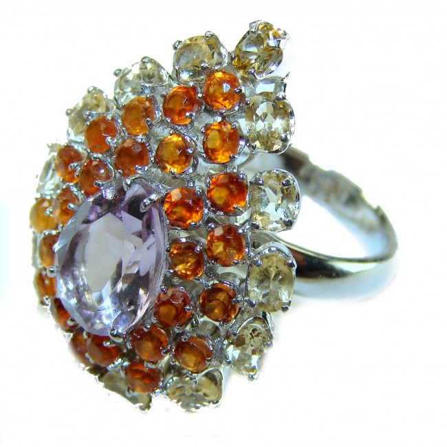 Tiffany - 27.5 carat Pink Amethyst rhodium over .925 Silver handcrafted Statement Ring s. 6 - Side view of a pink amethyst and multi-gemstone silver ring.