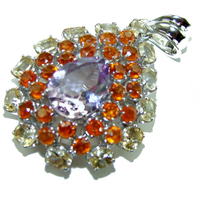 Tiffany - 15.5 carat Pink Amethyst rhodium over .925 Silver handcrafted Statement Pendant - Pendant close-up with pink amethyst and colorful gemstones.