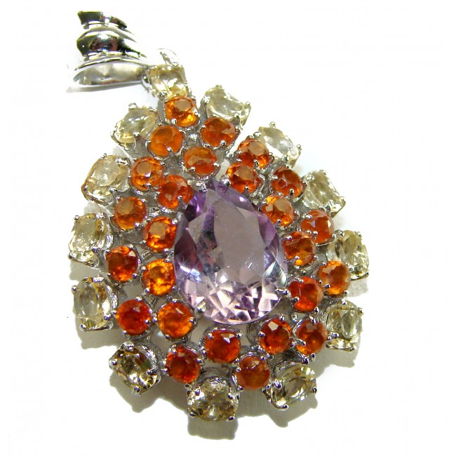 Tiffany - 15.5 carat Pink Amethyst rhodium over .925 Silver handcrafted Statement Pendant - Close-up of amethyst and gemstone pendant in rhodium over silver.
