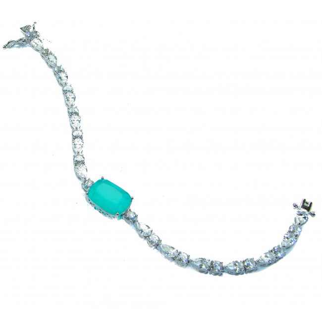 Born to Glam authentic 7.9 carat Colombian Emerald .925 Sterling Silver handcrafted Statement Bracelet - Bracelet with Colombian emerald and gems, top view, focus on emerald