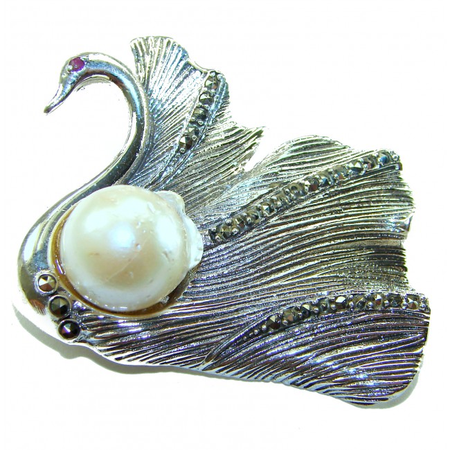 Perfect Swan Pearl Ruby .925 Sterling Silver handmade Pendant Brooch