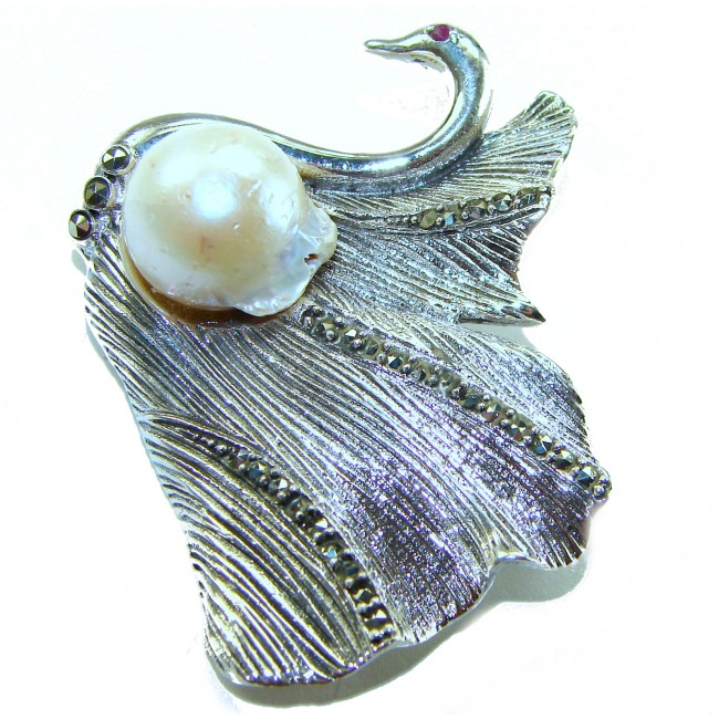 Perfect Swan Pearl Ruby .925 Sterling Silver handmade Pendant Brooch