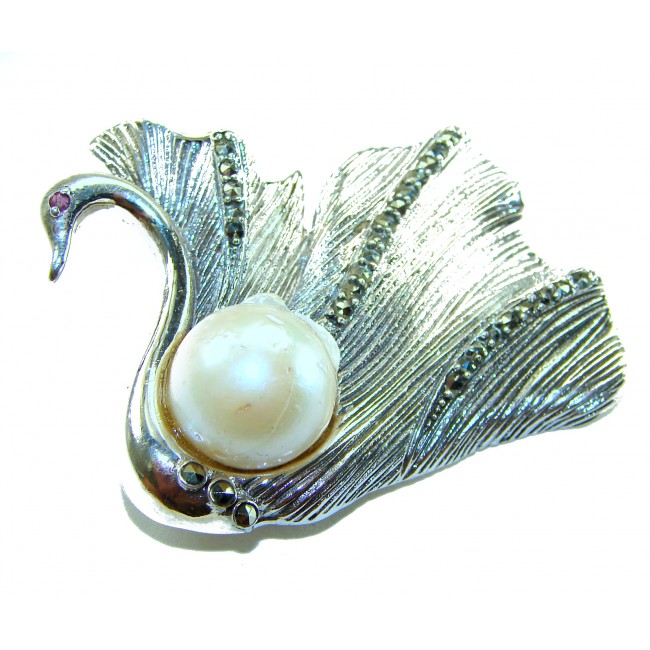 Perfect Swan Pearl Ruby .925 Sterling Silver handmade Pendant Brooch