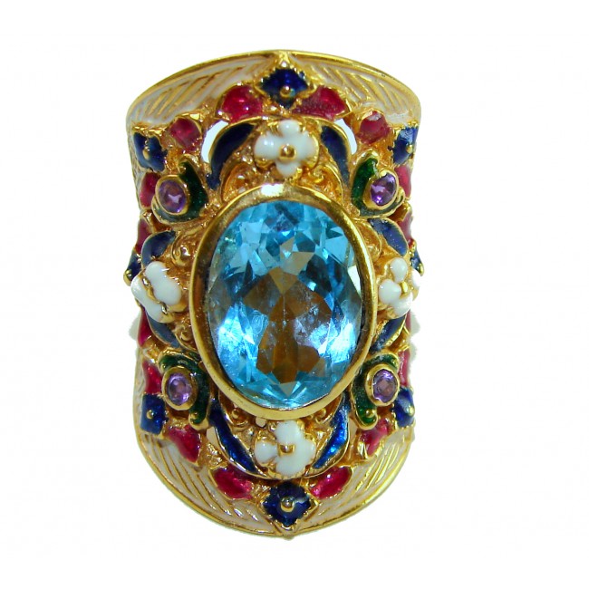 Blue Garden Natural 11.4 carat Swiss Blue Topaz .925 Sterling Silver dipped in 18K Gold handmade Large Statement Ring size 5 1/2