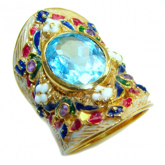 Blue Garden Natural 11.4 carat Swiss Blue Topaz .925 Sterling Silver dipped in 18K Gold handmade Large Statement Ring size 5 1/2