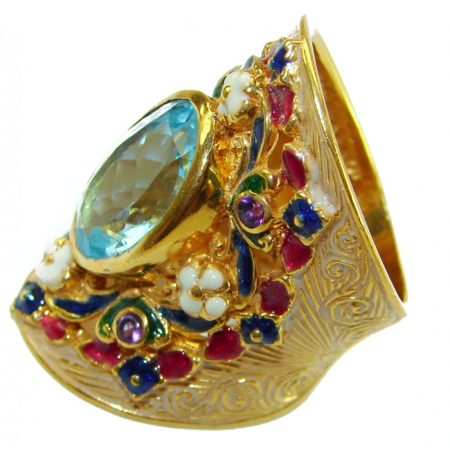 Blue Garden Natural 11.4 carat Swiss Blue Topaz .925 Sterling Silver dipped in 18K Gold handmade Large Statement Ring size 5 1/2