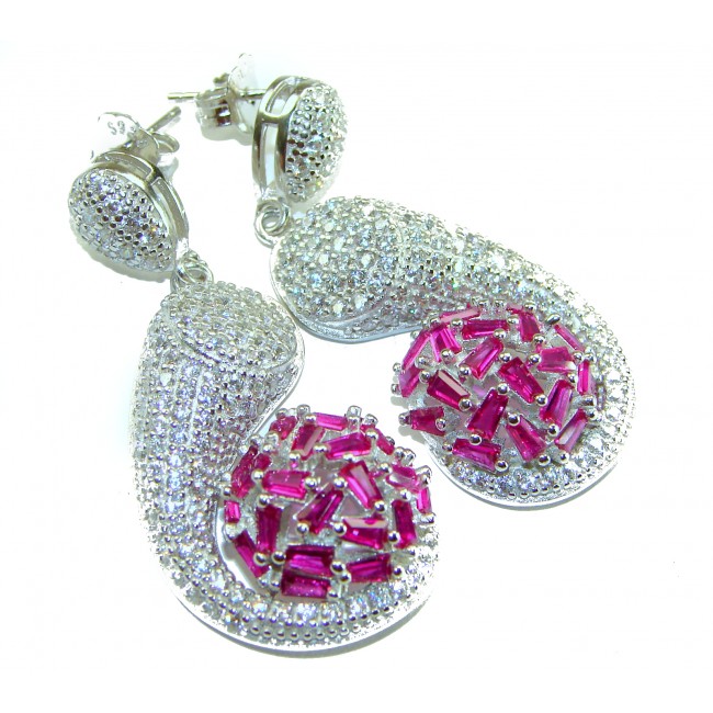 Pure Luxury 22.2 carat natural Ruby .925 Sterling Silver handmade Statement earrings - Luxury ruby and sterling silver earrings, detailed front view.