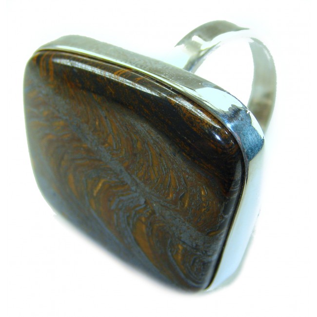 Large 32.5 carat Silky Golden Pietersite .925 Sterling Silver handmade Ring size 8 adjustable