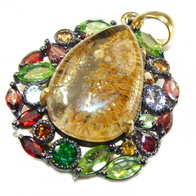 Incredible authentic Phantom Quartz .925 Sterling Silver dipped in 14K Gold handmade pendant - Close-up of Phantom Quartz pendant with colorful surrounding stones.