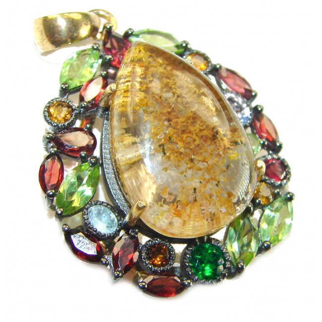 Incredible authentic Phantom Quartz .925 Sterling Silver dipped in 14K Gold handmade pendant - Close-up of Phantom Quartz sterling silver pendant with multicolor stones.