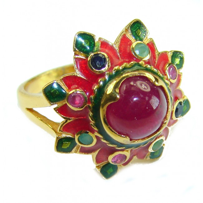 Divine Creation 5.5 carat Mozambique Star Ruby Enamel 18K Gold over .925 Sterling Silver handcrafted Ring s. 7 3/4 - Close-up of divine 5.5 ct Mozambique star ruby ring with enamel, 18K gold