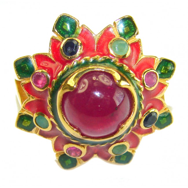 Divine Creation 5.5 carat Mozambique Star Ruby Enamel 18K Gold over .925 Sterling Silver handcrafted Ring s. 7 3/4 - Close-up of Divine Creation 5.5ct Mozambique Star Ruby ring.