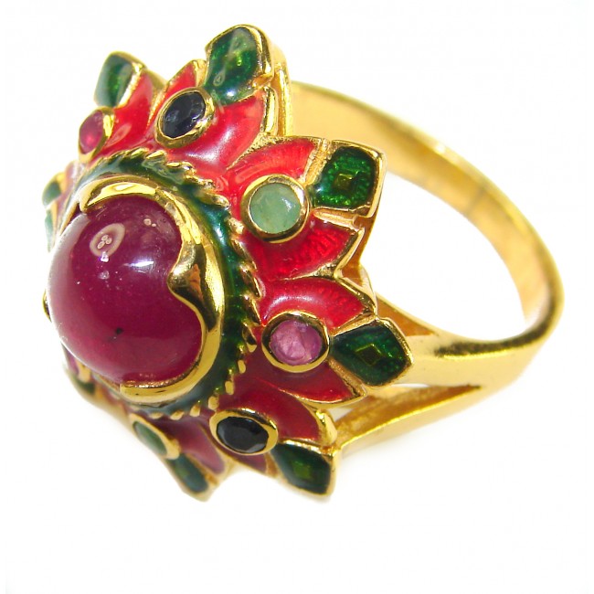 Divine Creation 5.5 carat Mozambique Star Ruby Enamel 18K Gold over .925 Sterling Silver handcrafted Ring s. 7 3/4 - Close-up of Divine Creation 5.5ct Mozambique Star Ruby ring with enamel.