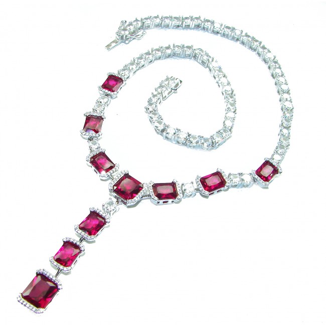 Royalty 30.2 carat Ruby .925 Sterling Silver .925 Sterling Silver Statement Necklace - Ruby necklace and bracelet set, top view, sterling silver setting.
